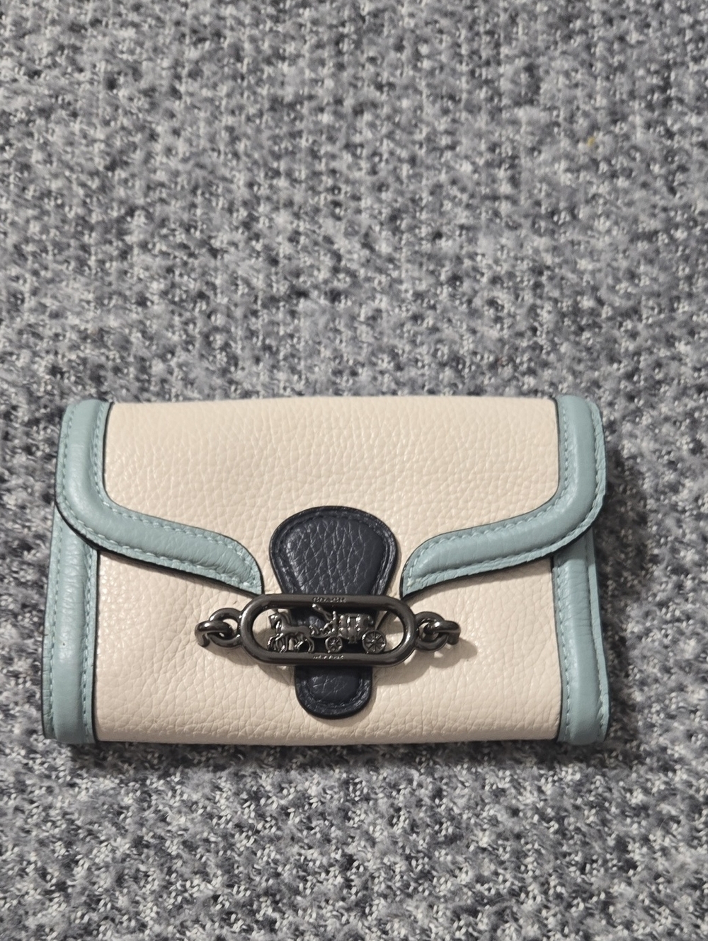 Coach Cream Pebbled Leather Wallet with Light Blue Trim and Navy Hardware